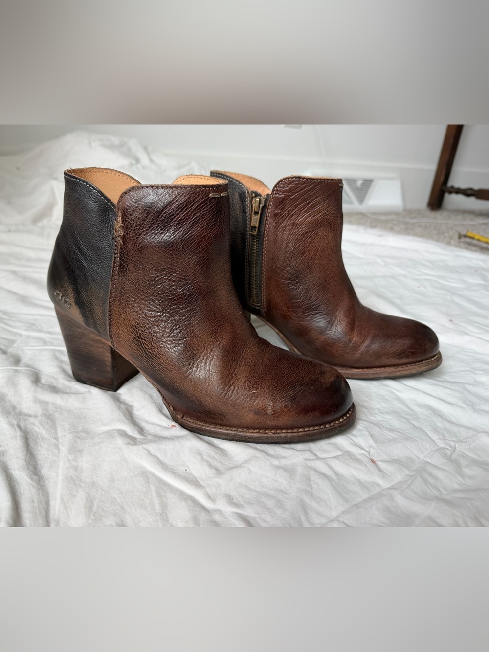 BED|STU Two-Tone Brown Leather Ankle Booties with Side Zip